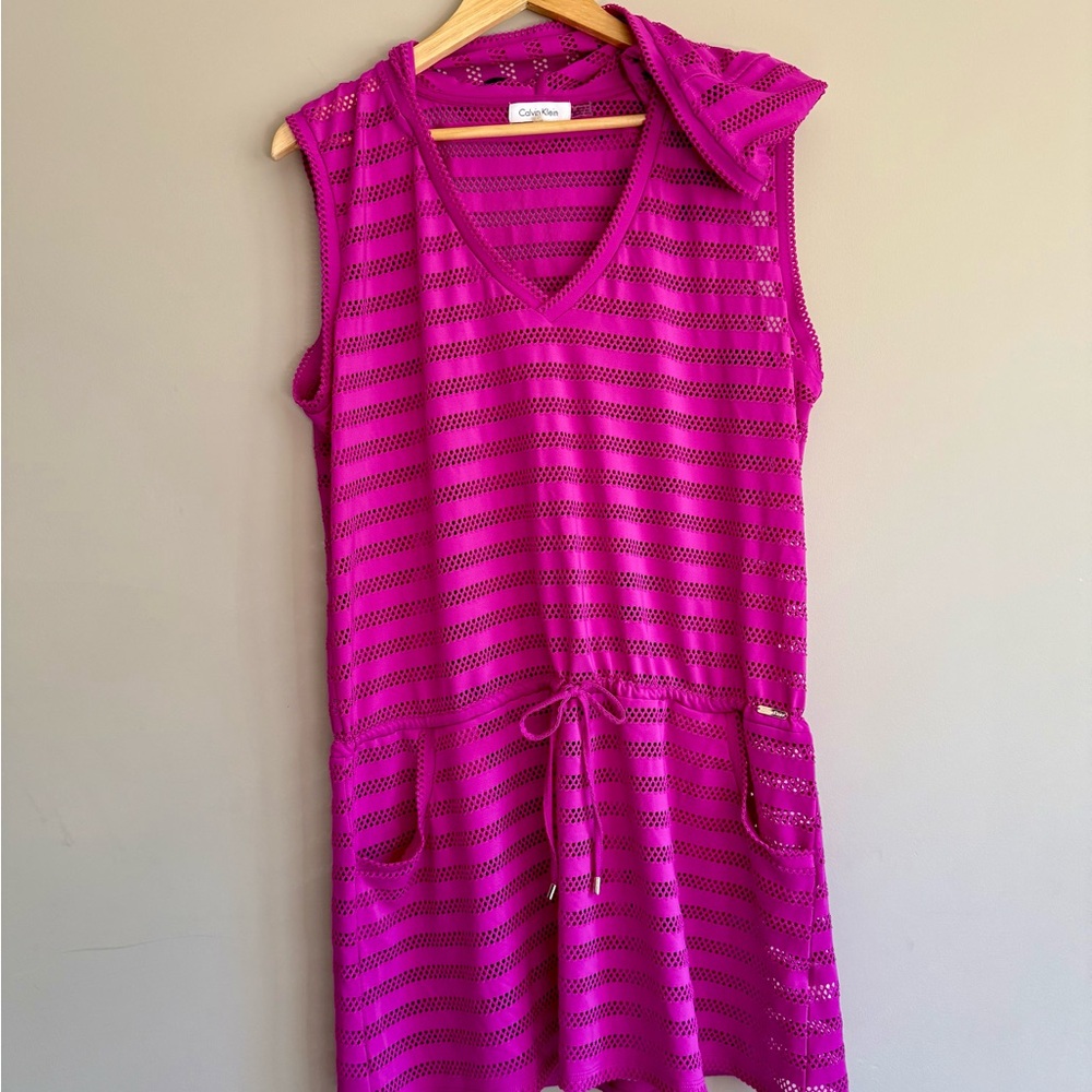 Calvin Klein Swim Cover Up Dress with Pockets Hooded Knit Fuchsia Beach Pool